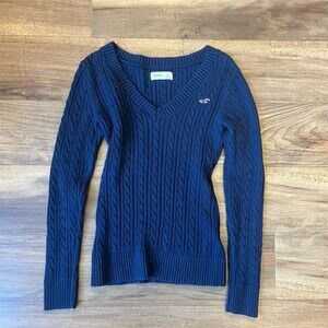 Hollister Sweater Womens XS Navy Blue V-Neck Pullover Long Sleeve Logo